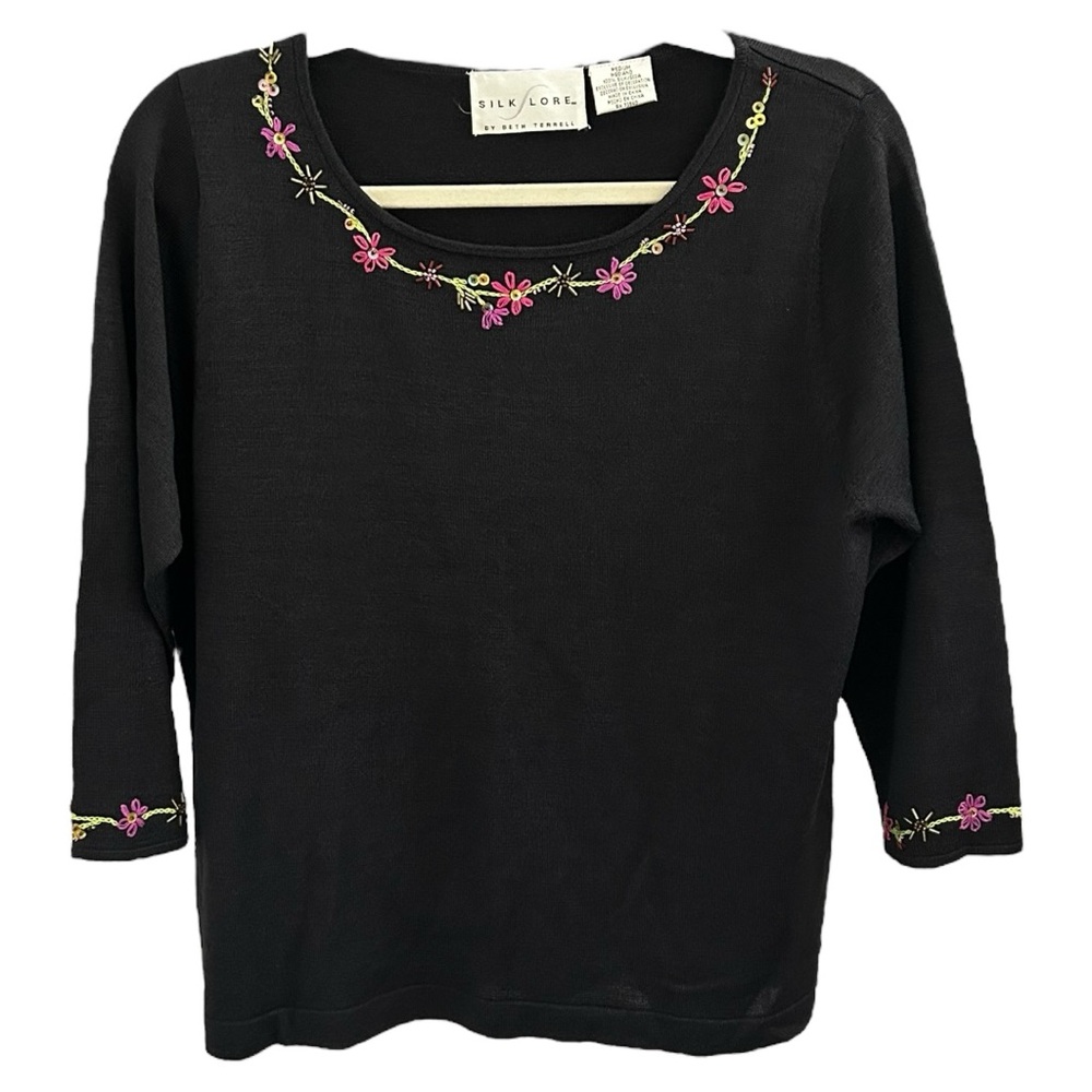 Silk Lore Women’s 3/4 Sleeve Floral Embroidered Top ‎ Sz M